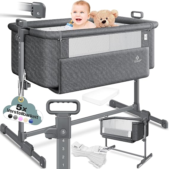 KESSER Hubi 3in1 Baby Bed Travel Cot with Soft Mattress with Wheels, 5-Way Height Adjustment, Folding Side Wall for Home and on the Go