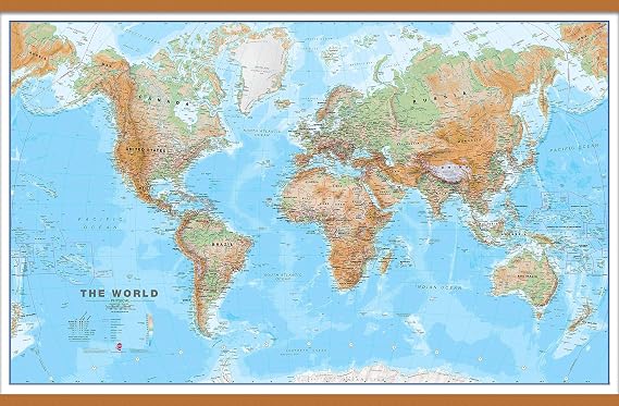 Maps International Large Physical World Wall Map - Laminated with Wooden Hanging Bars - 36 x 48