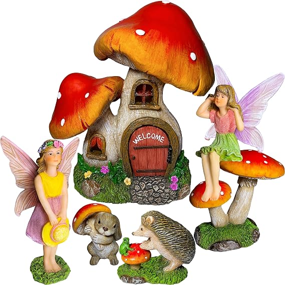 Mood Lab Fairy Garden Figurines - Mushroom House Set (6 pcs) - Miniature Decorative Statues & Accessories - Outdoor & Indoor Garden Decor