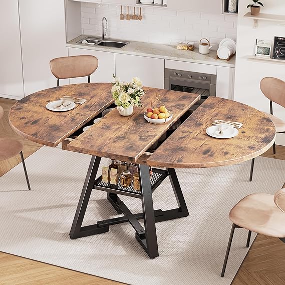 43-57 Extendable Round Dining Table for 4-6, Modern Industrial Kitchen Oval Dining Table with Removable Leaves, Space Saving Pedestal Base with Storage Shelf for Kitchen Living Room (Rustic)