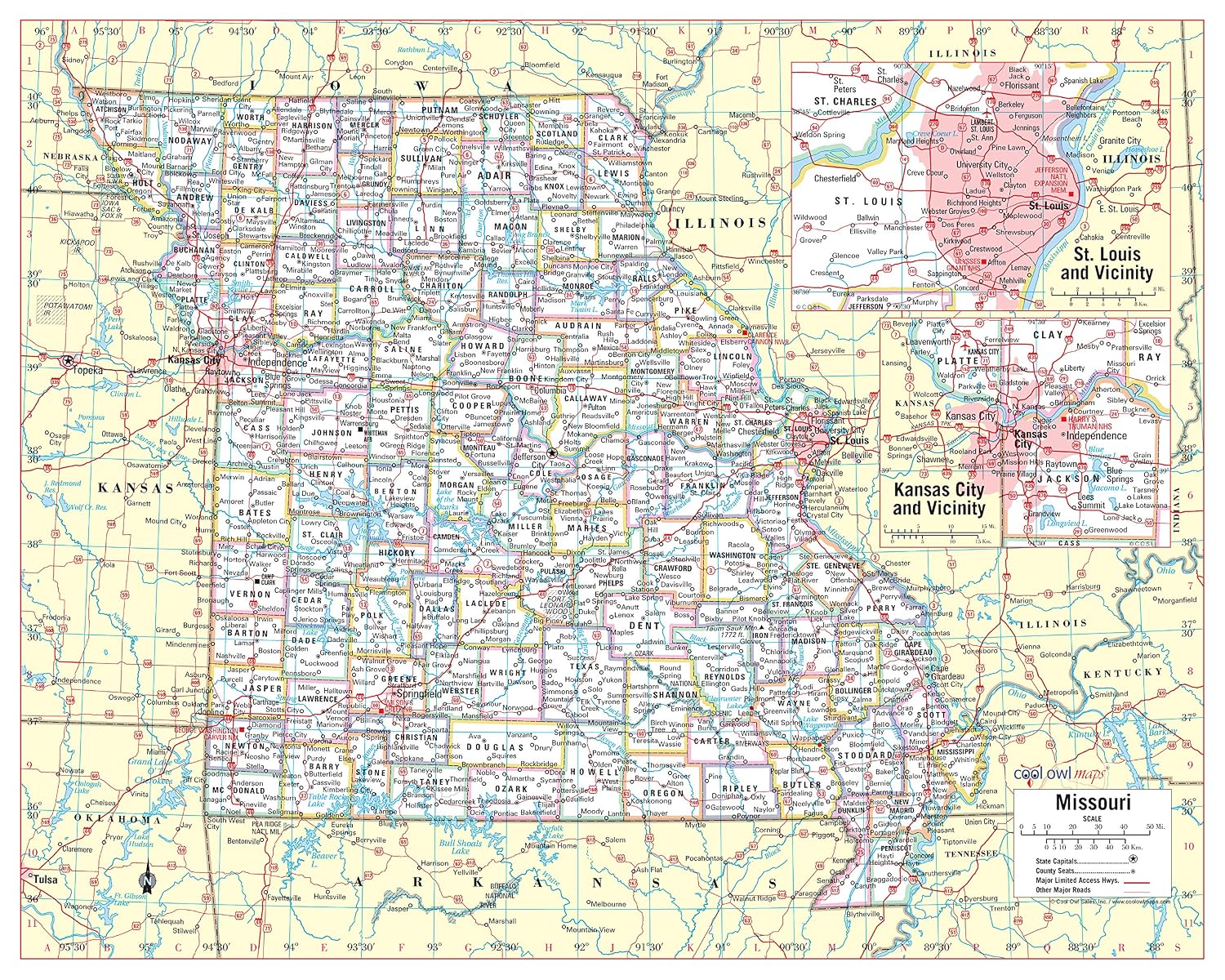 Cool Owl Maps Missouri State Wall Map Poster Large Print Rolled 30Wx24H - Laminated