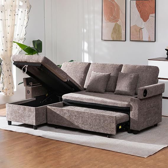 MAXYOYO 3 Seater Cornor Sofa Bed, L Shaped Sofa with Cup Holder Pull out Convertible Sleeper Sectional Sofa with Left/Right Part Convertible into 2 Single Seater for Living Room, Office
